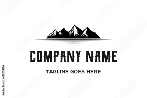 Ice Snow Mountain Island with Strait Lake River Creek or Ocean Beach Logo Design Vector