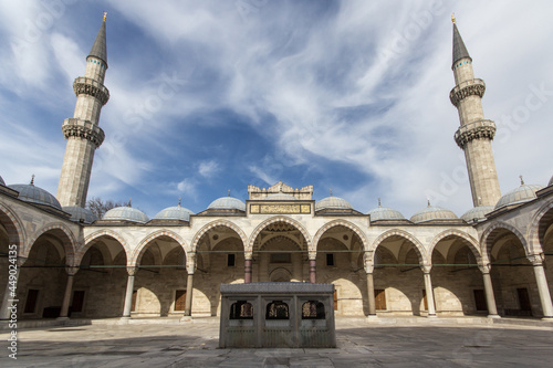 Low angle shot of Suleymaniye mosque countryard in Istanbul, Turkey photo