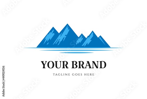 Ice Snow Mountain Island with Strait Lake River Creek or Ocean Beach Logo Design Vector