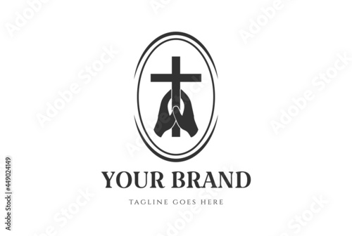 Vintage Hand Hold Jesus Christian Cross Badge Emblem Label for Church Chapel or Religion Logo Design Vector