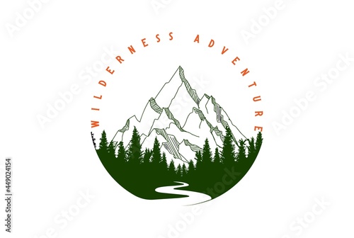 Retro Vintage Ice Snow Mountain and Pine Cedar Spruce Conifer Evergreen Fir Larch Cypress Hemlock with Creek River Valley for Wilderness Adventure Logo Design Vector