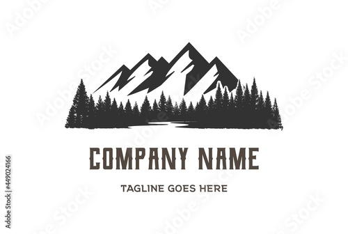 Retro Vintage Ice Snow Mountain and Pine Cedar Spruce Conifer Evergreen Fir Larch Cypress Hemlock with Creek River Lake Valley for Wilderness Adventure Logo Design Vector