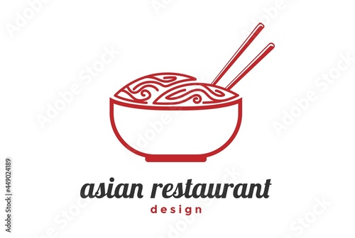 Retro Vintage Bowl with Noodle Chopstick for Asian Japanese Korean Oriental Restaurant Food Logo Design Vector