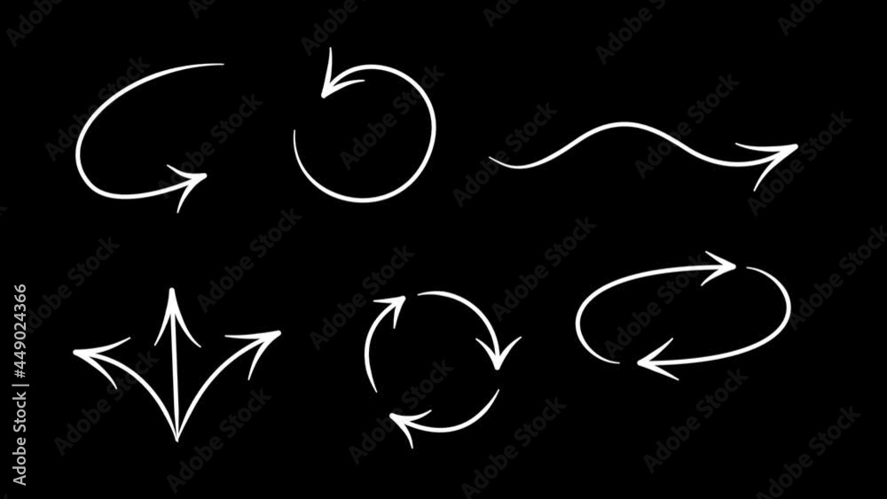 Set of animated hand drawn arrows and elements. Arrows, frames, circles, borders. White elements isolated on black background. In and out animation.
