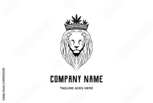 Vintage King Lion Head with Cannabis Marijuana Leaf Crown Logo Design Vector