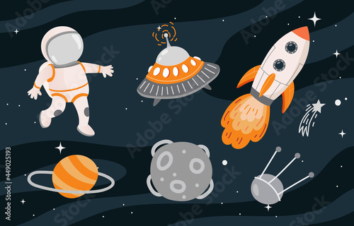Cosmos collection concept. Astronaut, rocket, planet, meteorite in starry sky. Colorful stickers, design elements. Cartoon modern flat vector set isolated on abstract background in form of galaxy