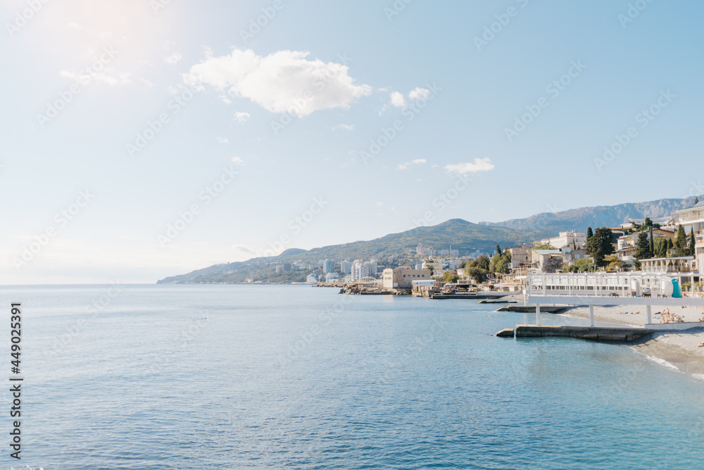 Resort city Yalta on coastline of Black sea.