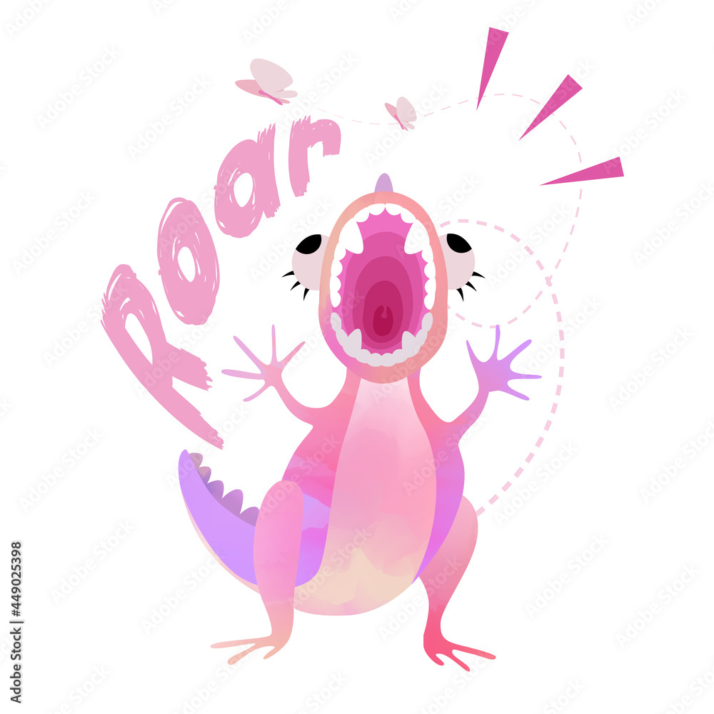 Fototapeta premium Cute pink funny Dinosaur girl with lettering Roar. Vector EPS 10.
