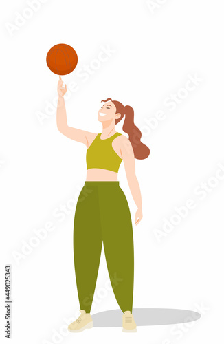 A cute smiling basketball player - a girl or woman in sportswear standing and spinning a basqueball on her finger. Sports vector illustration.