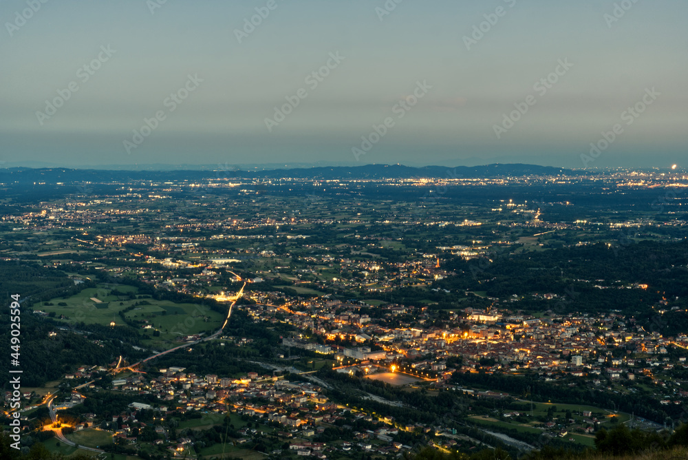 Italy, night panorama from the Alps of the Po Valley around Turin