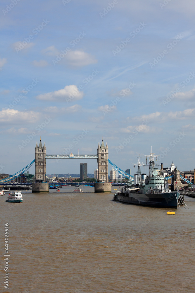 HMS Belfast (C35) and Tower bridge, London, UK
