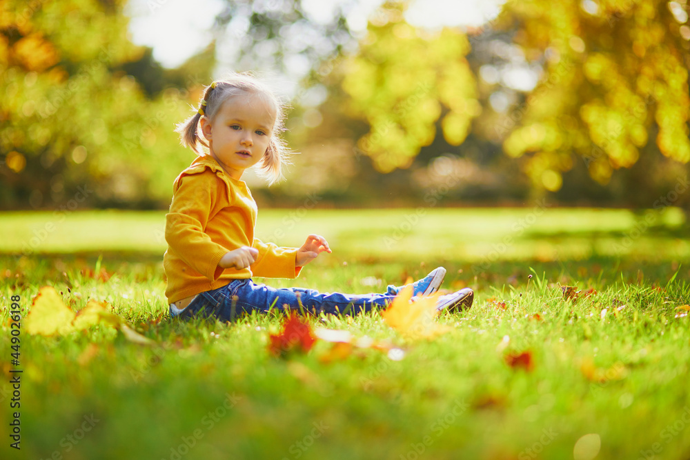Adorable toddler girl sitting on the ground and playing with sticks and yellow fallen leaves in autumn park Adorable toddler girl sitting on the ground and playing with sticks and yellow fallen leaves in autumn park