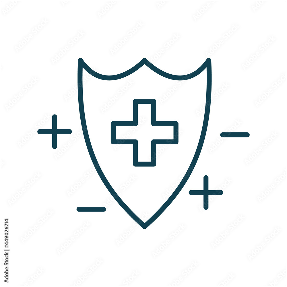 Obraz premium Shield with medical cross line icon isolated vector. Editable stroke symbol. Vaccines against virus, vaccination sheldule, anti vaccine, shield virus. Flu, hepatitis, measles covid prevention