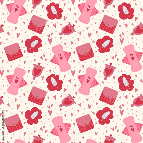 Background of the female menstrual period. Painted feminist hygiene products. In the circle, doodle substrates with tampons, pads. Vector illustration