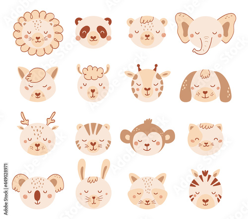 Set with faces cute animals in pastel colors for kid. Collection baby animal characters in flat style. Illustration with cat, dog, lion, panda, bear isolated on white background. Vector