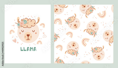 Set a cute poster and seamless pattern with lama, rainbow and poster with the lettering Llama. Collection animals and flowers in flat style for kids clothing, textiles, wallpaper. Vector Illustration