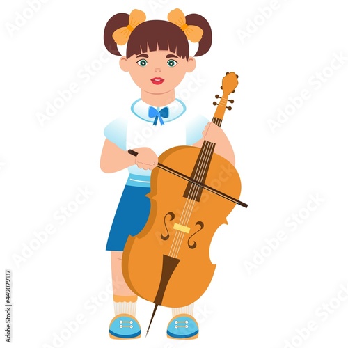 The girl plays the cello. Play a musical instrument. She studies at a music school. Vector.