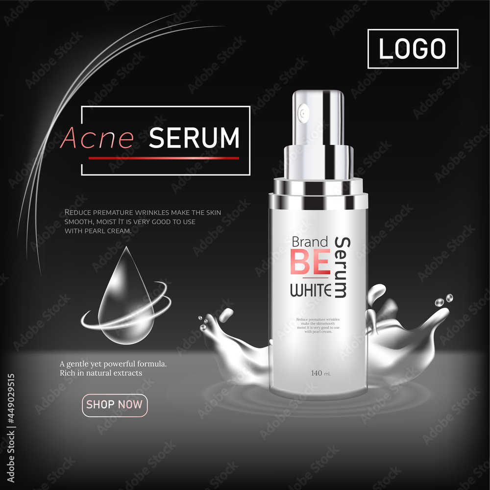 Design Ads cosmetics product advertising on black background and liht Effect. Vector illustration