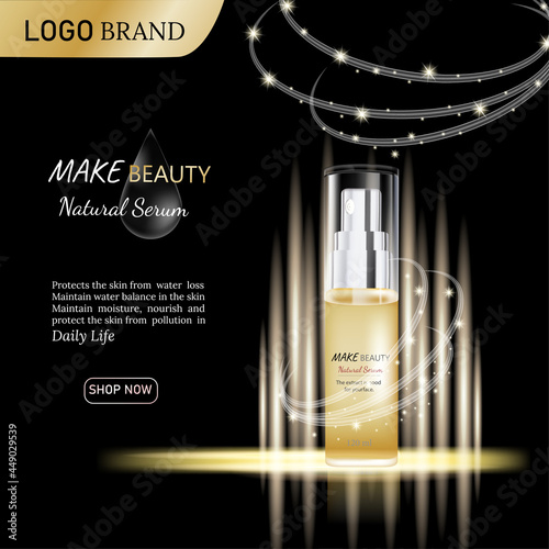 Design Ads cosmetics product advertising on luxury gold and black background and liht Effect. Vector illustration photo