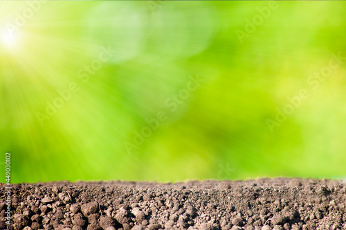 a flat empty surface of the earth on a blurry green background in the rays of the sun, banner mock up, it is used to display edit and advertise your products