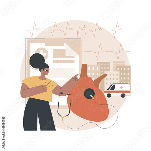 Hypertension abstract concept vector illustration. Cardiological problem, high blood pressure, measuring device, cholesterol level diagnostic, hypertension cause, ambulance abstract metaphor.