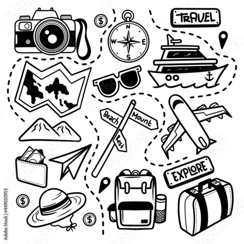 Doodle Travel Explore Line Art Vector isolated 