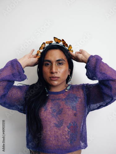 women putting on headband 