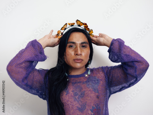 women putting on headband 