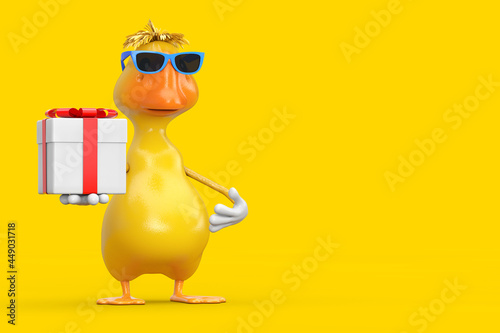 Cute Yellow Cartoon Duck Person Character Mascot with Gift Box and Red Ribbon. 3d Rendering