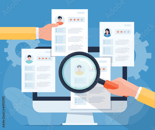 flat illustration business team research people Profile for job hiring and online interview with video conference meeting concept