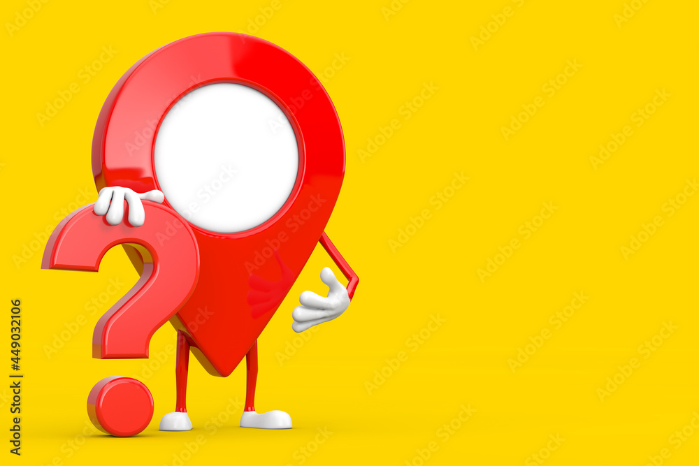 Red Map Pointer Pin Person Character Mascot with Red Question Mark Sign. 3d Rendering Red Map Pointer Pin Person Character Mascot with Red Question Mark Sign. 3d Rendering