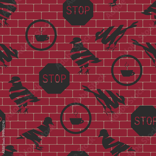 Vector black pigeons on a red brick wall seamless pattern. Ideal for city life and pigeon lovers. Perfect for fabric, wallpaper, scrapbooking and stationery.