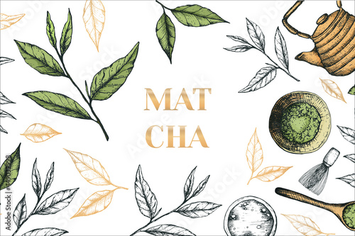 Vector illustration banner or poster for tea party, tea matcha. Tea leaves with teapot, mug, matches for advertising post