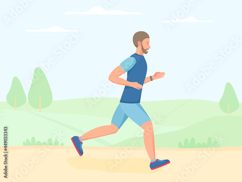Man running outdoor in summer, jogging in park. Doing exercise and cardio workout outside. Flat vector 