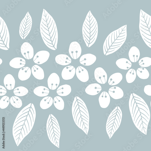 Vector grey and white delicate cherry blossom flower seamless pattern. Perfect for fabric (clothing, bedding, curtains, upholstery), wallpaper, stationery and scrapbooking.