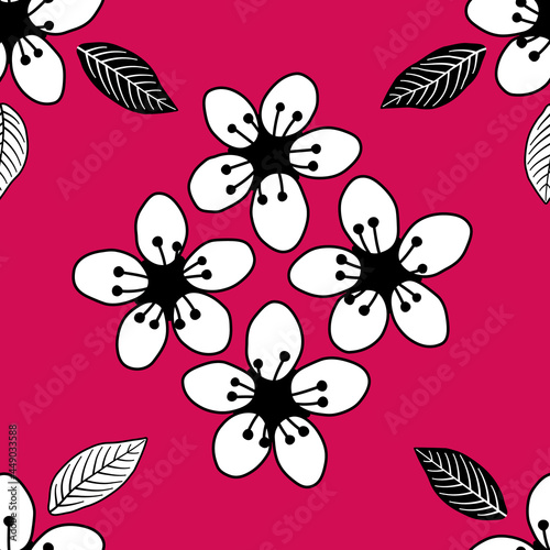 Vector black and white bold cherry blossom flower on pink background seamless pattern. Perfect for fabric (clothing, bedding, curtains, upholstery), wallpaper, stationery and scrapbooking.