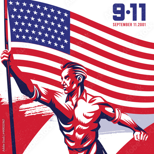 Man holding an American flag 9.11 patriot day background illustration