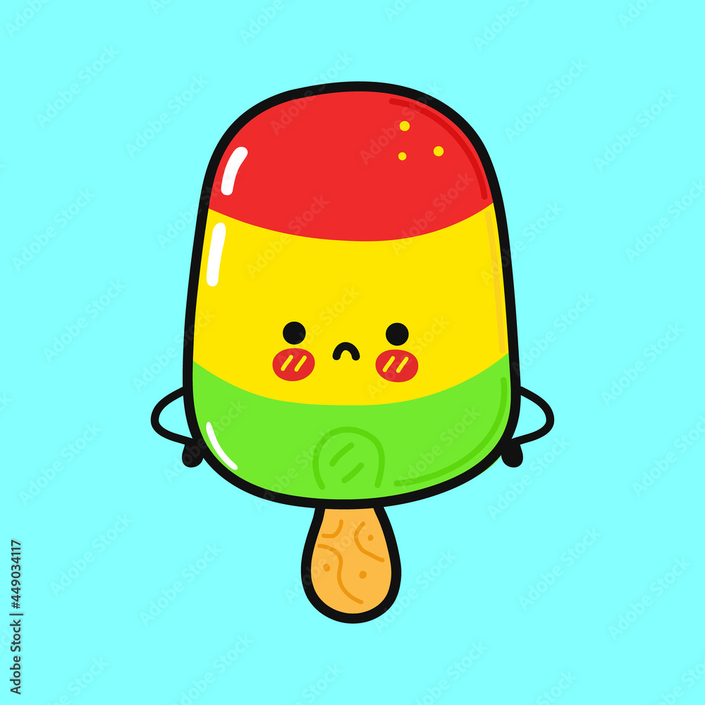 Cute sad Ice cream character. Vector hand drawn cartoon kawaii character illustration icon. Isolated on yellow background. Ice cream character concept Cute sad Ice cream character. Vector hand drawn cartoon kawaii character illustration icon. Isolated on yellow background. Ice cream character concept