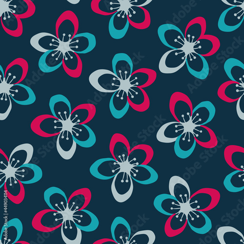 Vector navy abstract cherry blossom flower seamless pattern. Perfect for fabric (clothing, bedding, curtains, upholstery), wallpaper, stationery and scrapbooking.