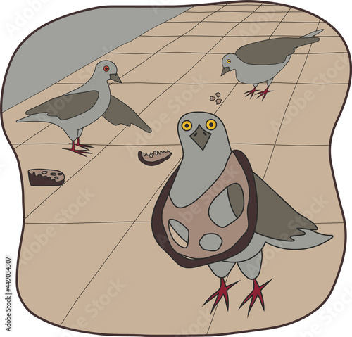 Vector grey and beige funny pigeons playing with bread. Ideal for city life and pigeon lovers. Perfect as a placement print for fabric, scrapbooking and stationery.