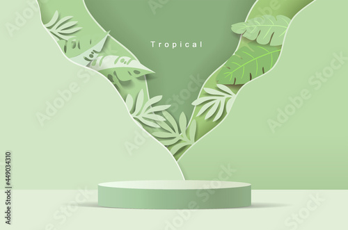 3D cylinder pedestal podium with Paper cut style illustrator elements of leaf on background.