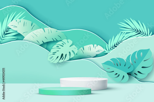 3D cylinder pedestal podium with Paper cut style illustrator elements of leaf on background.