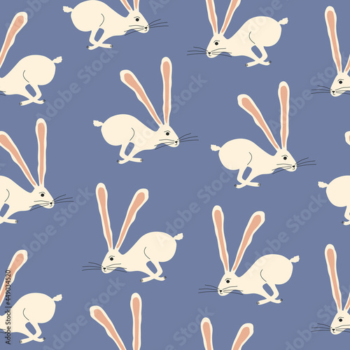 Jumping white rabbits with long ears. Running hare on a blue background. Cute bunny character hand drawn vector illustration. Animal seamless pattern.