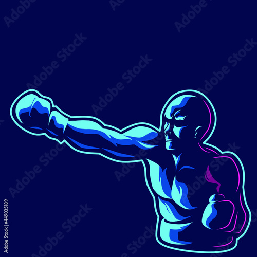 Boxing man fighter line pop art potrait logo colorful design with dark background. Abstract vector illustration. 