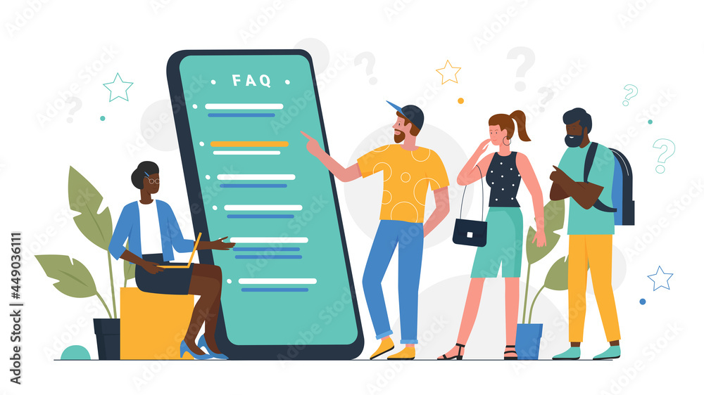 Faq concept, online support call service and people customers vector illustration. Cartoon woman man characters with questions standing near giant smart phone and hotline operator isolated on white