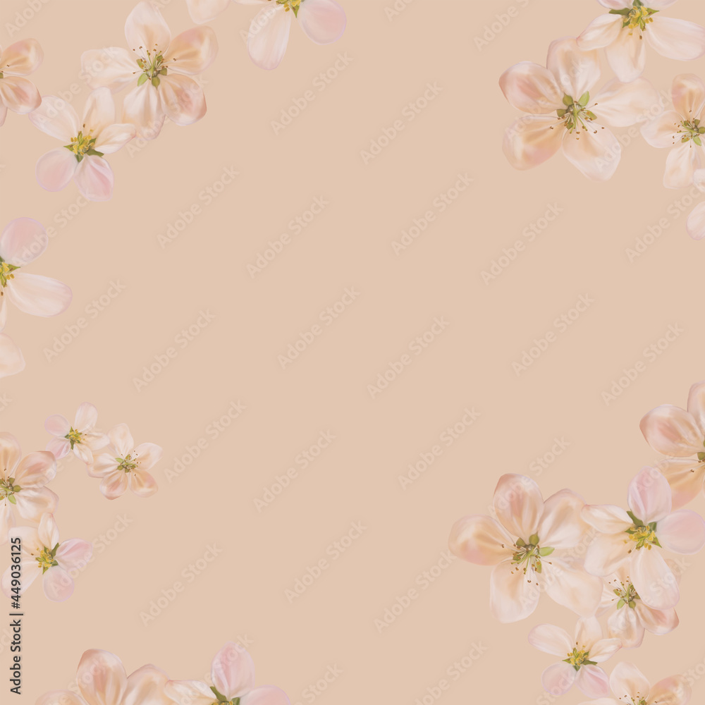 beige muted illustration of natural cherry flowers, delicate frame with place for text