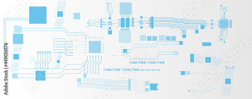 blue circuit board and chip computer electronic or electrical line on white engineering technology concept vector panorama background