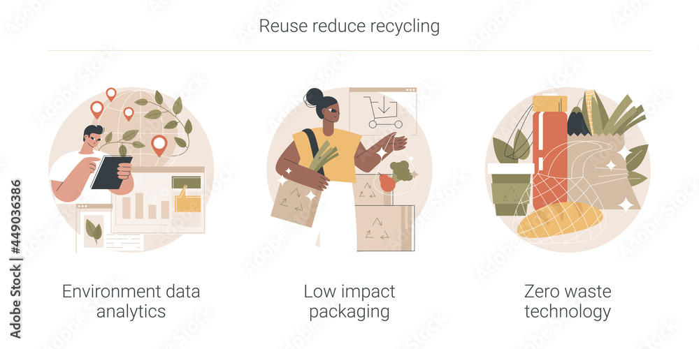 Reuse reduce recycling abstract concept vector illustration set. Environment data analytics, low impact packaging, zero waste technology, eco friendly, plastic free container abstract metaphor.