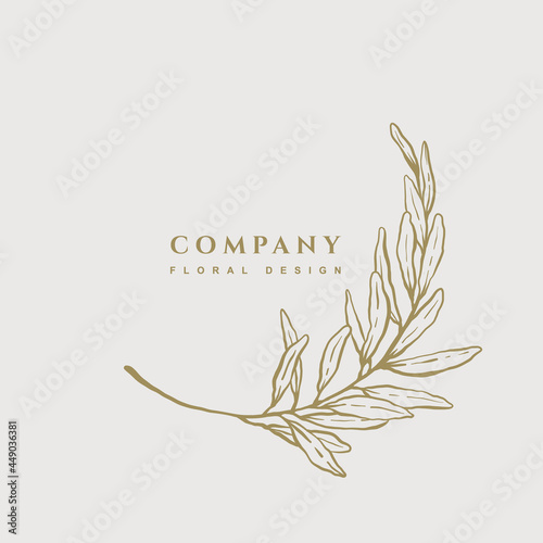 Round frame with branch of olive in gold color. Hand drawn floral logo template. Botanical trendy vector illustration for labels, logotypes, 
branding business identity, wedding invitation