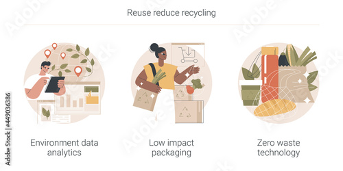 Reuse reduce recycling abstract concept vector illustration set. Environment data analytics, low impact packaging, zero waste technology, eco friendly, plastic free container abstract metaphor.